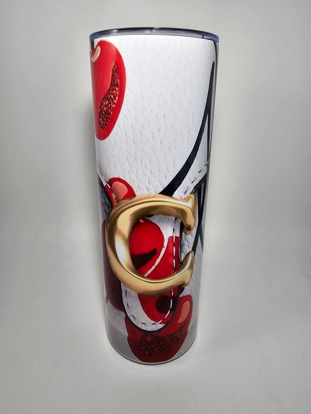 Coach White and Red Leather Print Tumbler with Gold 'C' Accent